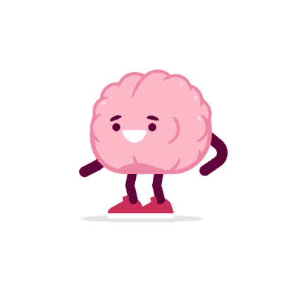 A digital illustration of a pink brain character on a white background animated to slightly bounce up and down