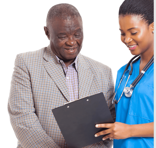 A Black female doctor is showing information on a clipboard to her Black male patient. They are smiling.