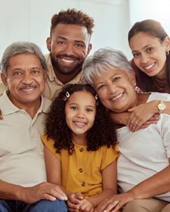 A multigenerational family is posing on a sofa. A multigenerational family is posing on a sofa.