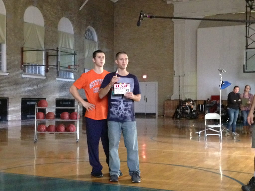 Photo of Actor David Henrie and Cory on the movie set at Gettysburg College