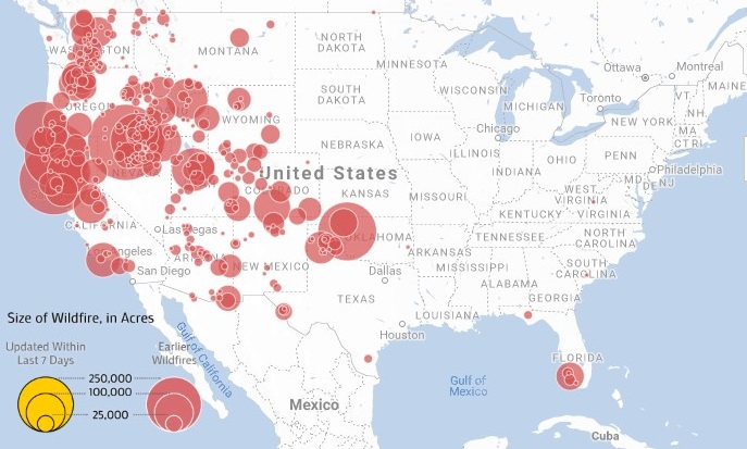 The boundaries of U.S. wildfires in 2018. (Credit: EcoWest.org)