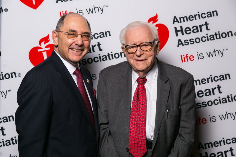 Dr. Elliott Antman (left) and Dr. Eugene Braunwald at the American Heart Association's Scientific Sessions conference in 2014. (Photo by Todd Buchanan for the American Heart Association)