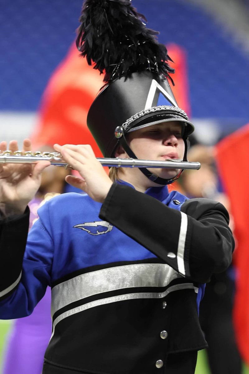 Adam Shipman of Santa Gertrudis Academy High School in Kingsville, Texas, plays a flute solo during the 2023 state marching band contest at the Alamodome in San Antonio. (Jolesch Enterprises/Photo courtesy of Cheri Shipman)