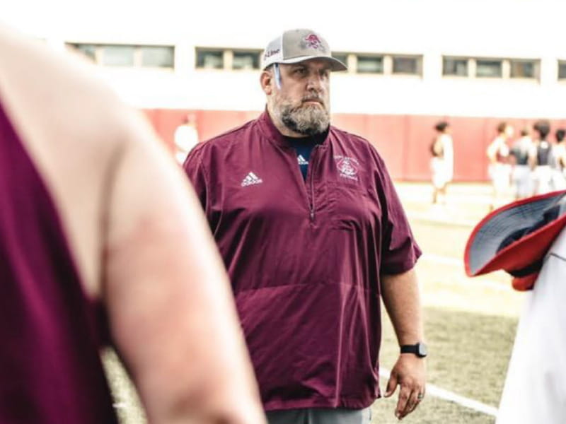 Heart defect survivor David Pinto coaching the offensive line at Saint Peter's Prep in Jersey City, N.J. in 2021. (Photo courtesy of Lokesh Sutherland)