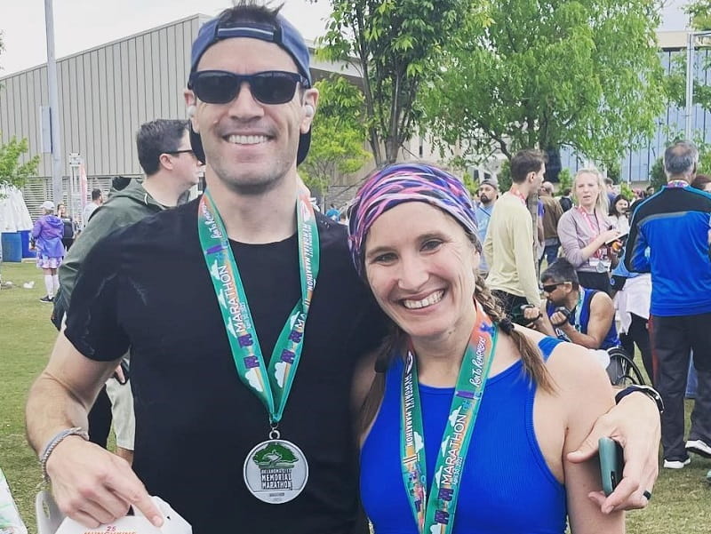 Amber (right) and Zach Williams after the Oklahoma City Memorial Marathon in April 2023. Three days later, Amber had an aortic dissection. (Photo courtesy of Amber Williams)