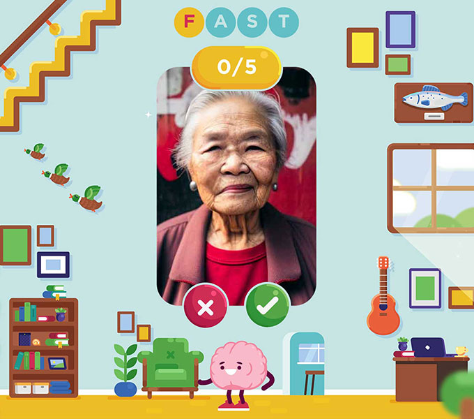 Screen capture of the face drooping game: a colorful illustration of a pink brain character in an indoor setting with a panel showing a senior Asian woman with one side of her mouth drooping