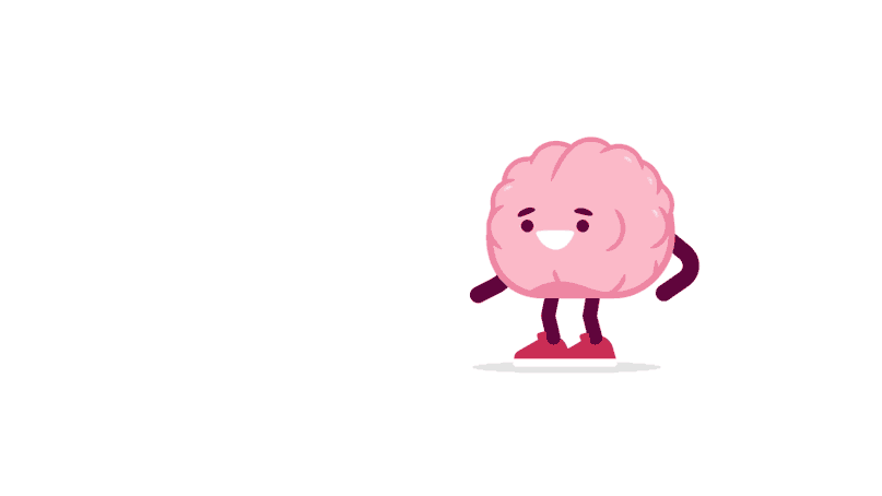 An animated digital illustration of a pink brain character tapping its foot on a white background