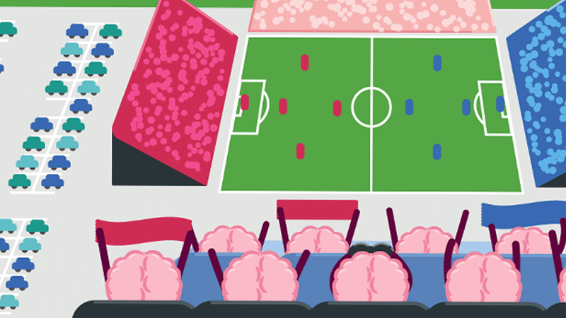 Una colorida ilustración de personajes cerebrales rosas viendo un partido de fútbol y animando desde las gradas