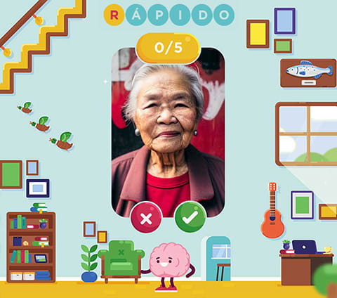 Screen capture of the face drooping game: a colorful illustration of a pink brain character in an indoor setting with a panel showing a senior Asian woman with one side of her mouth drooping