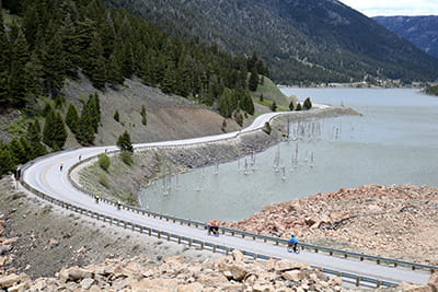 Drone image of Stroke Across America riders approaching Yellowstone, MT