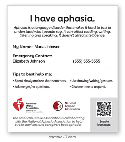 the aphasia ID card with sample contact information