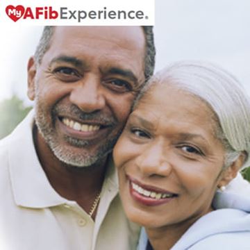 A close-up of a mature couple smiling with the MyAFibExperience(R) logo in the upper left corner